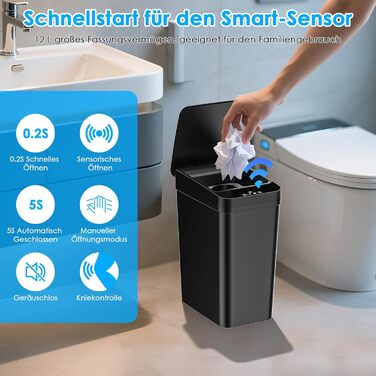 Набір з 2 автоматичних сміттєвих баків з датчиком, 12л, сенсорний кришка, 3 режими роботи, тихий, водонепроникний, інтелектуальний контейнер для сміття, для кухні, офісу, вітальні, ванної кімнати (2 шт. чорний)