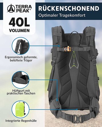 Похідний рюкзак Terra Peak 40L Flex 40 Преміум великий з вентиляцією для спини, гідратаційної системою і чохлом від дощу-похідний рюкзак з поліестеру з дихаючої 3D повітряної сіткою-Рюкзак для активного відпочинку на відкритому повітрі з поясним ременем (