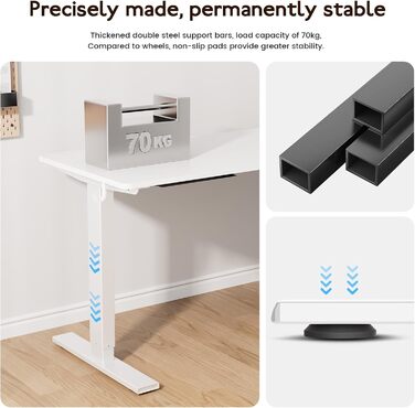 Електричний стіл з регулюванням висоти 60x110 см, з пам'яттю та захистом від зіткнень, для офісу, дому та геймінгу (білий)