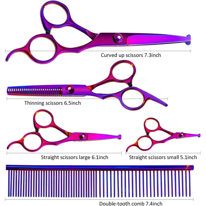 Професійний набір для догляду за домашніми тваринами з 5 предметів спеціально розроблений для кішок і собак, включає в себе прямі ножиці, проріджуючі ножиці, захисні ножиці з круглою головкою, вигнуті ножиці і гребінець фіолетово-рожевого кольору