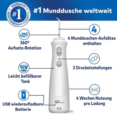 Waterpik Advanced Бездротова Іригатор для Ротової Порожнини, Іригатор для Зубів, Білий, 4 Насадки, 3 Режими, Індукційна Зарядка