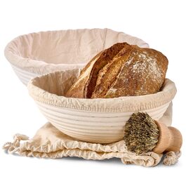 Набір кошиків для хліба Praknu (2 шт.) з ротангу, 25 см - з щіткою, льоновим вкладанням та мішком для хліба