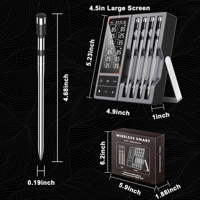 Цифровий термометр для м'яса – миттєвий термометр для гриля та продуктів харчування, бездротовий, ультратонкий зонд з двома датчиками 0,19 дюйма, Bluetooth 5.2, радіус дії 243,8 м, сповіщення через додаток, водонепроникний IP67 (набір з 4 зонди)