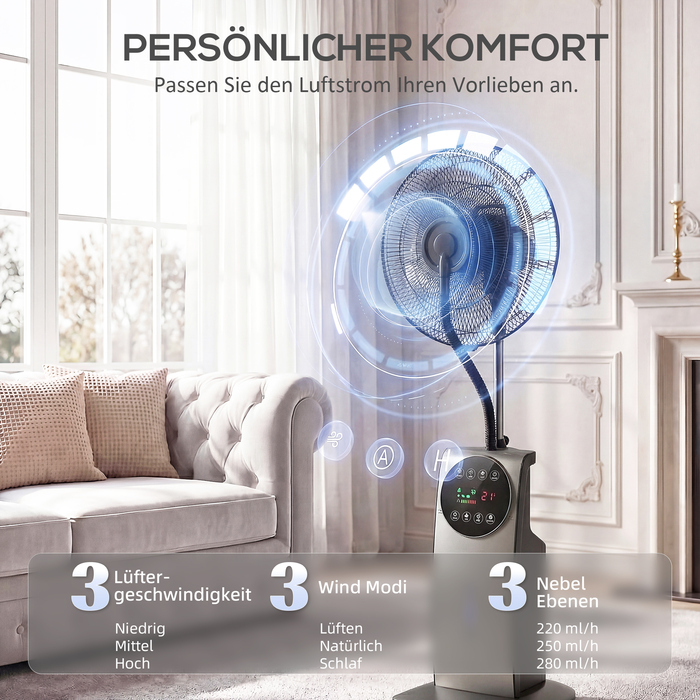 Вентилятор з розпилювачем та пультом дистанційного керування, стаціонарний вентилятор з зволоженням повітря, кут повороту 70°, 3 швидкості, 3 режими, резервуар для води 3,1 л