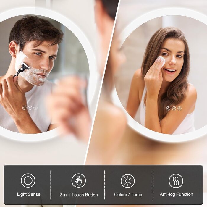 Дзеркало для ванної кімнати ChillCruiser LED круглої форми 50 см з чорною рамою, антизапар, 3 кольори, функція пам'яті