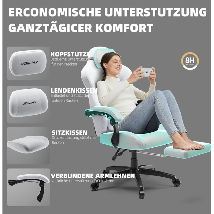 Ігровий крісло Dowinx з регульованою висотою масажного поперекового підтримувача, ергономічний дизайн, м'яка мікрофібра велюр, посилене сидіння, підголовник та підніжка в комплекті, регулювання на 155°, (Білий, Титан)