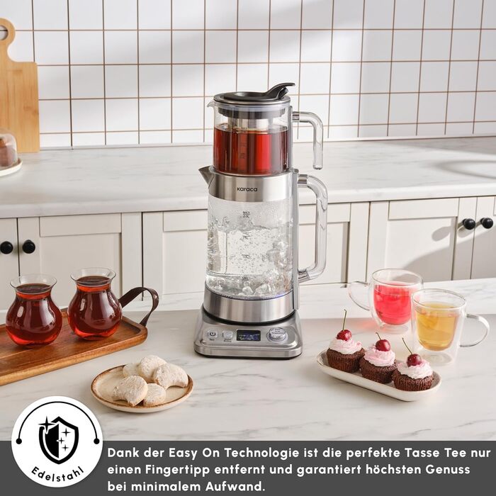 Електричний чайник та заварник Karaca X Refika XL з автоматичним регулюванням температури, 2л, 0.8л, 2200W, хром