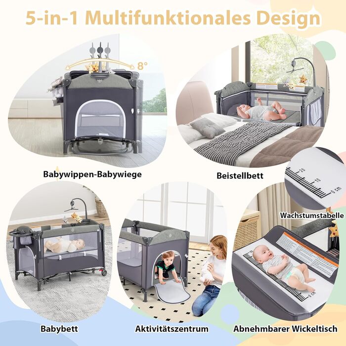 Детское путешествие: дорожное детское ложе DREAMADE 5-в-1 с матрасом, колесами, пеленальной доской и музыкальной шкатулкой, 110x76 см, с сумкой для переноски, для новорожденных и малышей (Зеленый)