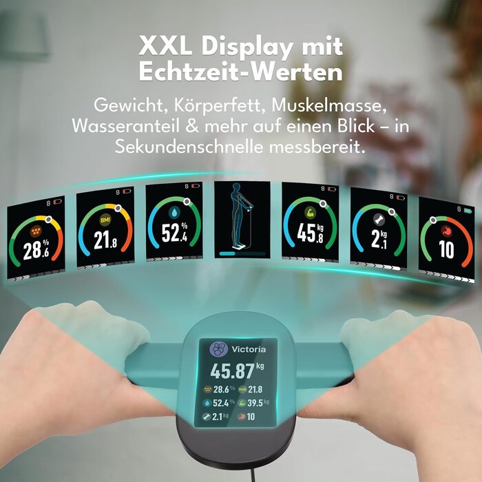 Вага для тіла LEBENLANG з датчиками рук - Великий дисплей & підключення до програми | 29 показників до 180 кг | Аналіз складу тіла (жир, м'язи)