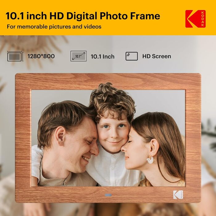 Цифровий фотоальбом KODAK 10 дюймів з пультом, без Wi-Fi, IPS-дисплей 1280x800, відтворення фото/відео/музики, USB/SD, дерев'яний корпус