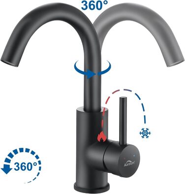 Чорний змішувач для ванної/кухні Auralum з поворотним гусаком 360°, з нержавіючої сталі, з підключенням 60 см, однорідний
