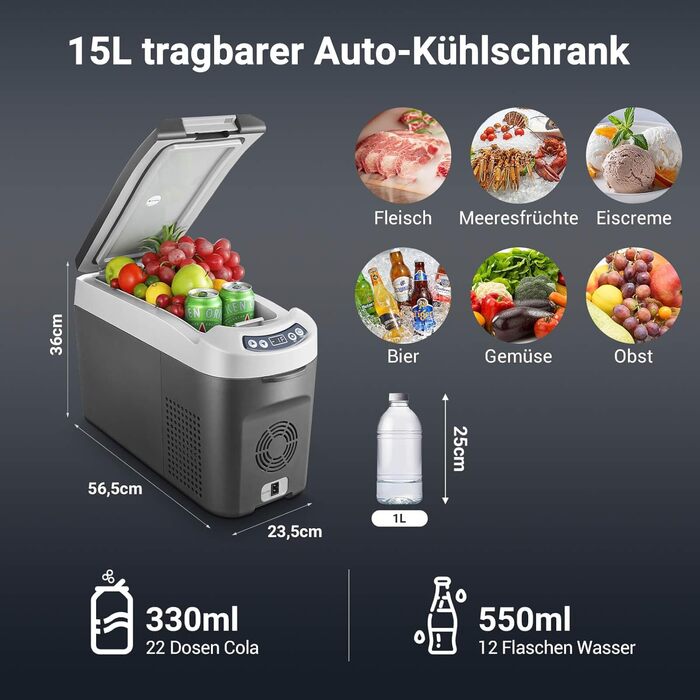 Компресорна холодильна сумка AAOBOSI 15L -20°C до +20°C, 12/24V для авто, вантажівки, човна, кемпера та розетки, чорна
