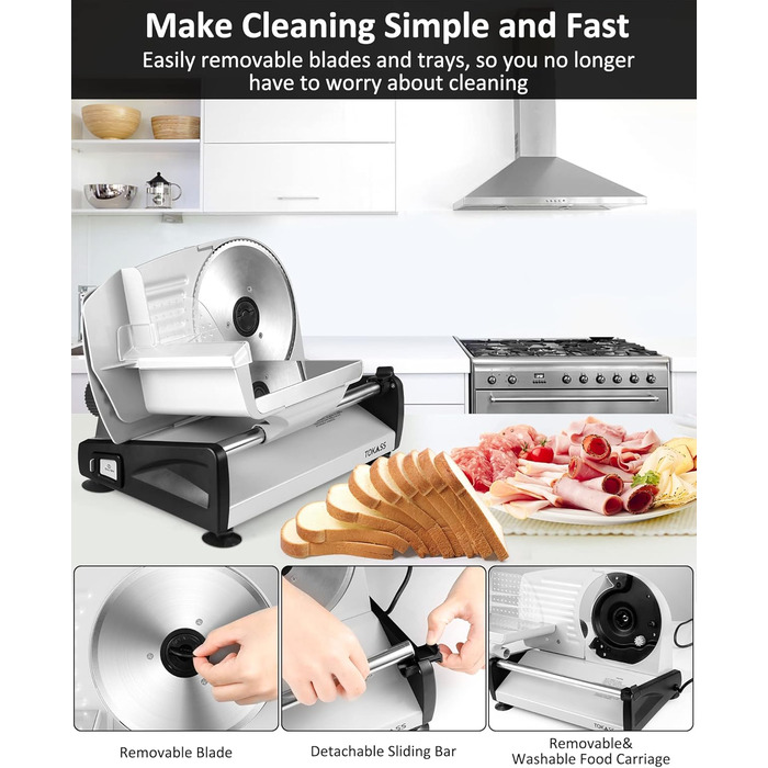 Електричний слайсер 200W з нержавіючої сталі - кухонний слайсер для м'яса, сиру, хліба та ковбаси, регулювання товщини шару 0-15 мм, 2 леза