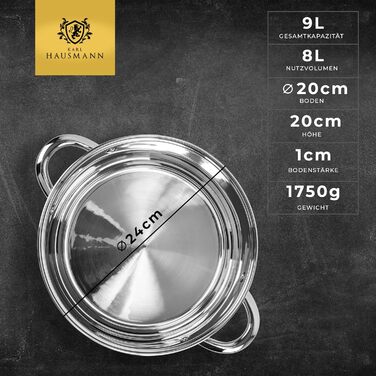 Нержавіюча каструля Karl Hausmann 6L з нержавіючої сталі з кришкою - для всіх типів плит, включаючи індукцію. Ідеально підходить для супу та пасти.