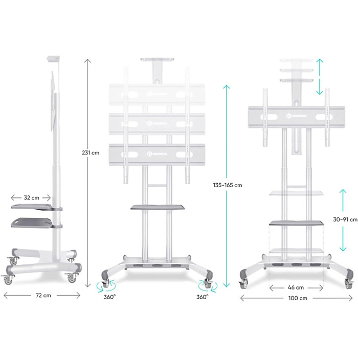 Мобільна тумба під телевізор ONKRON 50-86 дюймів, 105 кг, регульована по висоті, VESA max 800x500, біла TS1881-W