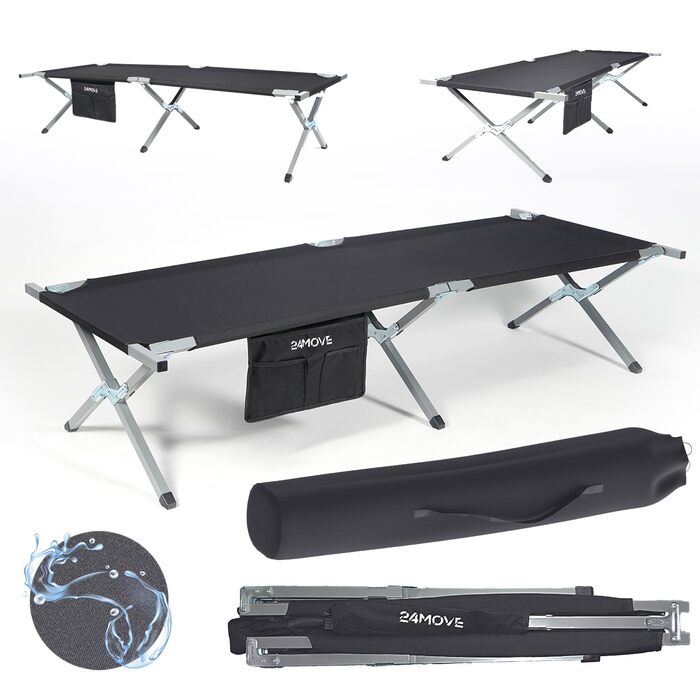 Складане кемпінгове ліжко 24MOVE® для відпочинку на природі та вдома, витримує до 200 кг, 210x72x45 см, чорне, з сумкою для перенесення