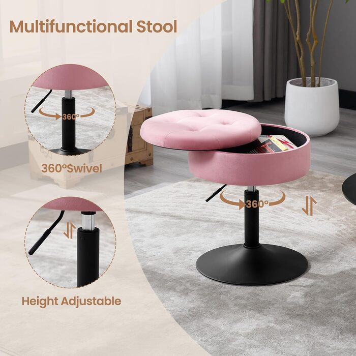 Стілець для туалетного столика WOLTU BH329sz-1, пуф з місцем для зберігання, регульована висота, обертається на 360°, рожевий, велюр