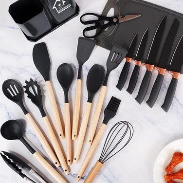 Набір кухонних ножів 19 предметів з підставкою, силіконовий кухонний інвентар, чорний колір