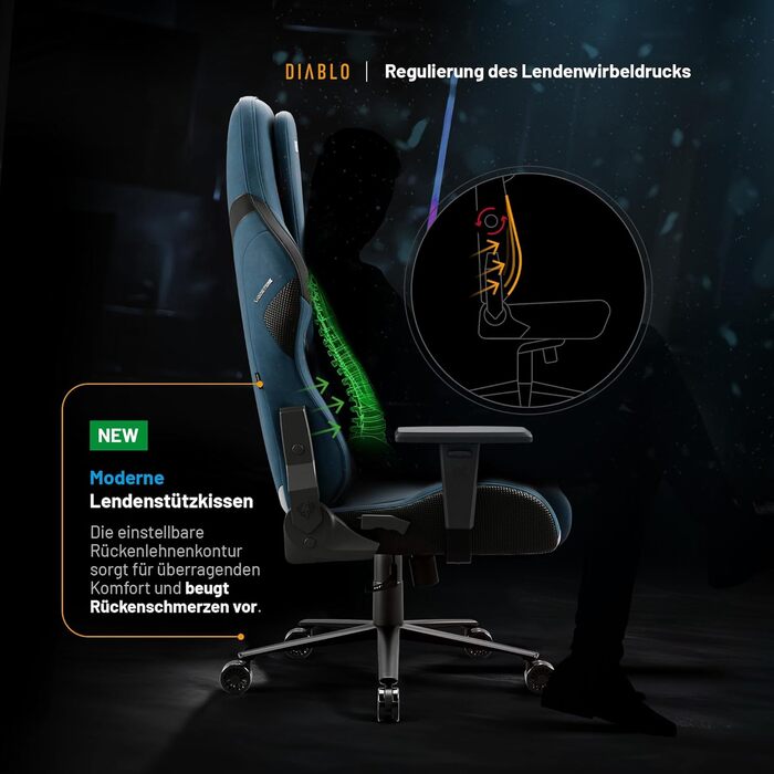 Ігровий крісло Diablo Gaming X.One Prime з підголівником та системою охолодження. Міцний металевий каркас, регульовані підлокітники. Макс. навантаження 140 кг.