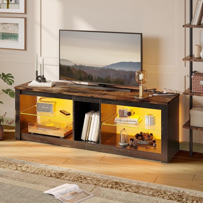 ТВ-тумба Bestier для телевізорів до 65 дюймів, 160x35x52 см з RGB-підсвічуванням та органайзером для кабелів, регульована скляна полиця, темно-коричневий