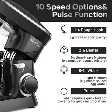 Кухонна машина Vezzio 1500W з чашею 8.5л з нержавіючої сталі, 10 швидкостей, для замішування та збивання тіста (чорна)