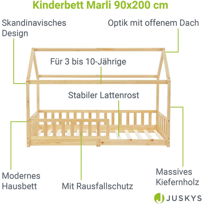 Дитяче ліжко Juskys Marli 90 х 200 см із захистом від падіння, рейковим каркасом і дахом - Дитяче ліжко з масиву дерева - ліжко в (коричневий)