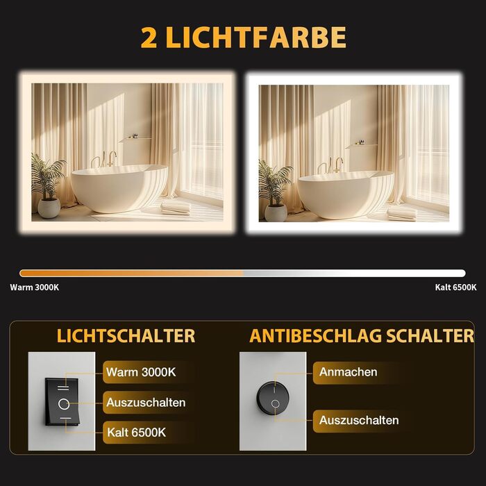 Дзеркало для ванної кімнати з підсвічуванням LED, антизапар, 2 кольори світла (3000K/6500K), нахильний вимикач, прямокутне, 45x60 см