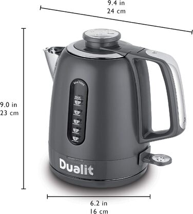 Чайник Dualit Domus білий - 1,5 л 3 кВт Чайник з нержавіючої сталі - Двосторонні скляні вікна для вимірювання - Чайник швидкого нагріву із запатентованою технологією Sure Pour - Чайник без бісфенолу А (сірий)