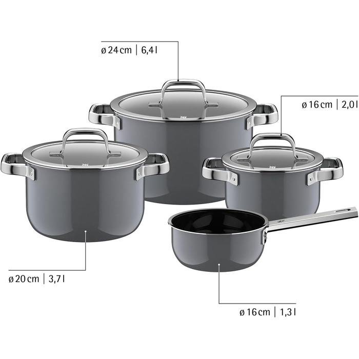 Набір каструль WMF Fusiontec 4 шт, нержавіюча сталь, індукція, для всіх плит, чорний (16/20/24 см) - Made in Germany