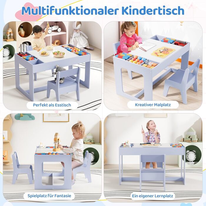Дитячий стіл та комплект стільців Mamizо з місцем для зберігання, блакитний. Підходить для дитячої кімнати, школи, дитячого садка, від 3 років.