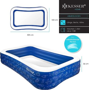 KESSER® Надувний сімейний басейн для дітей та дорослих, 305x183x56 см, 1180 л, дитячий басейн для саду, зливні отвори, блакитний