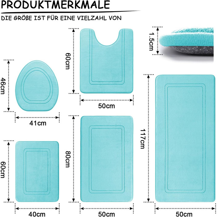 Чакме Килимок для ванної кімнати, антиковзаючий, м'який, швидковисихаючий, набір з 5 шт., блакитно-зелений