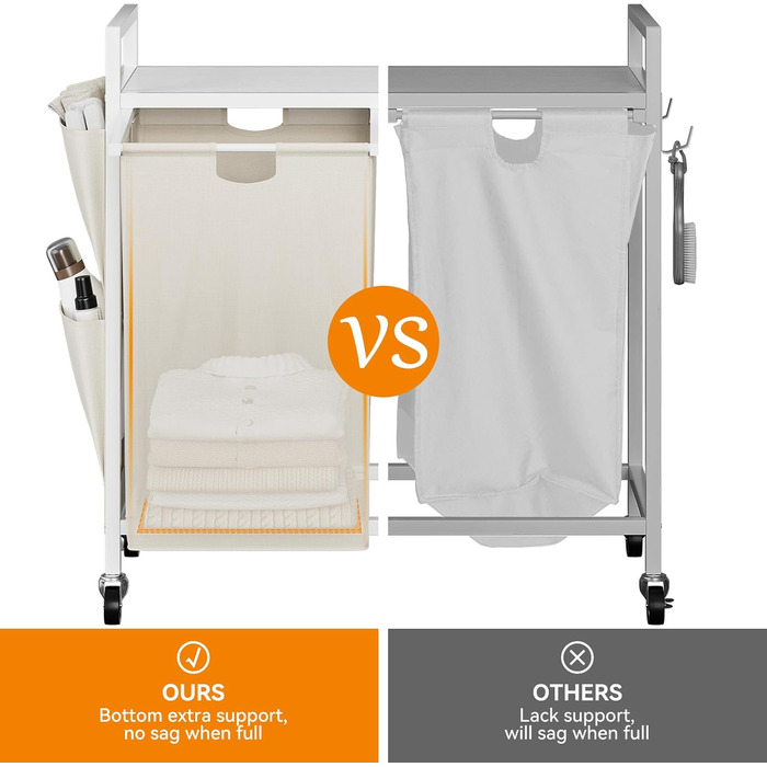 WOWLIVE Подвійний кошик для білизни з кришкою, на колесах, з металу, сортувальник білизни з верхньою полицею та 2 знімними мішками, велике зберігання одягу для кімнати (110л, білий/оптичний сад)