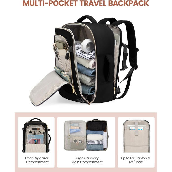 LOVEVOOK Рюкзак для ручної поклажі, дорожній рюкзак для жінок, водонепроникний, з відділенням для взуття, 17-дюймовий ноутбук, рюкзак для подорожей, 40L, 45x36x20, чорний