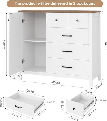 Сайдборд HOCSOK: кухонний буфет з 5 шухлядами та 1 дверцятами, з робочою поверхнею, колір білий та коричневий