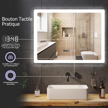 Дзеркало для ванної кімнати YU YUSING з підсвічуванням 80x60 см, LED, 3 кольори світла, регулювання яскравості, антизапар, сенсорне управління, таймер, загартоване скло, IP44 (прозоре)