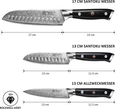 Набір кухонних дамаскових ножів PAUDIN, 3 предмети, ультрагострий Santoku з 67-шарової дамаської сталі з японським VG10 ядром, ергономічна ручка G10