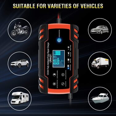 Зарядний пристрій для акумулятора URAQT 8A: 12V/24V, розумний, автоматичний, з LCD, для авто, вантажівок, мотоциклів, човнів