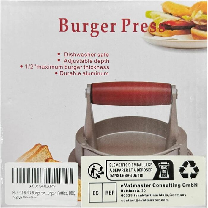 Прес для гамбургерів PURPLEBIRD, 10,8 см, литий алюміній, антипригарний, 3-ступінчастий, професійний прес для гамбургерів з дерев'яною ручкою, ідеально підходить для гамбургерів, пиріжків, барбекю (60 символів)