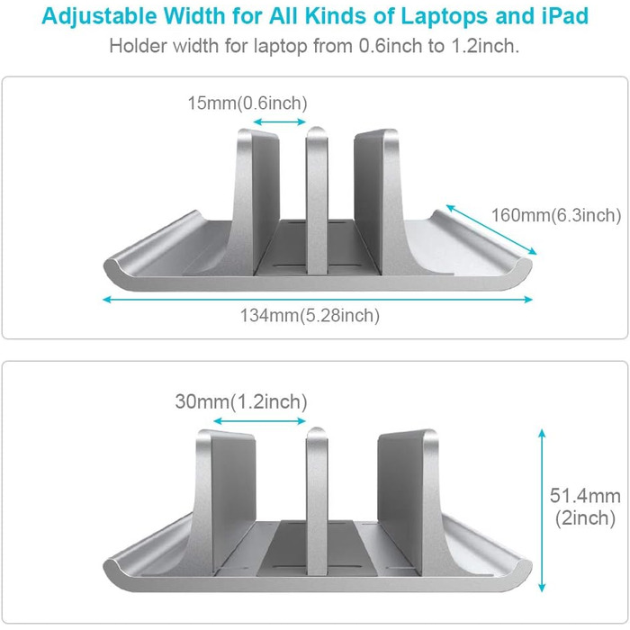 Підставка для ноутбука VAYDEER вертикальна, регульована, алюмінієва 4-в-1, для MacBook, iPad, ноутбуків до 17.3 дюймів - срібна