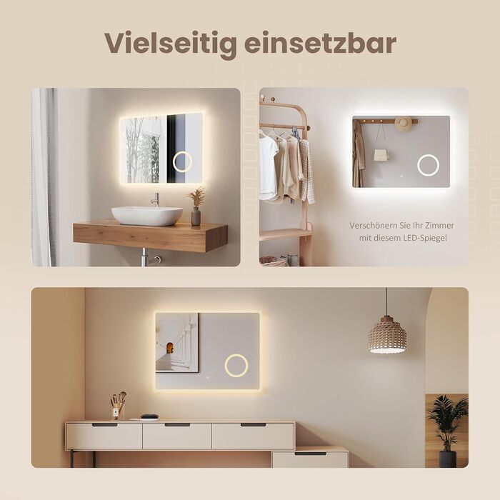 EMKE® LED дзеркало для ванної кімнати 80x60 см з підсвічуванням, сенсорне, регулювання яскравості, протизапотівання, 3 косметичні дзеркала, годинник, IP44