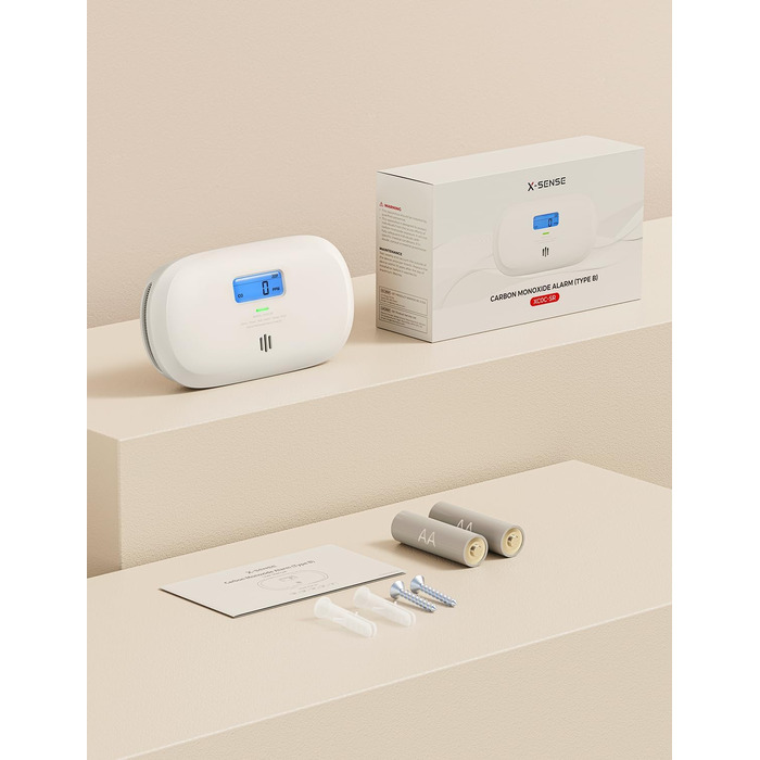 Детектор чадного газу X-Sense, сертифікований TÜV Rheinland, датчик на 10 років, з змінною батареєю та цифровим дисплеєм, кнопка тестування, автономний, білий