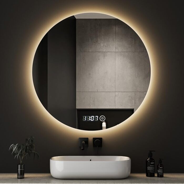 Дзеркало для ванної кімнати Boromal круглої форми 60см з годинником та підсвічуванням, 3 кольори світла, регулювання яскравості, 3000-6500K, 1810LM, LED, сенсорне управління, 70x70 см