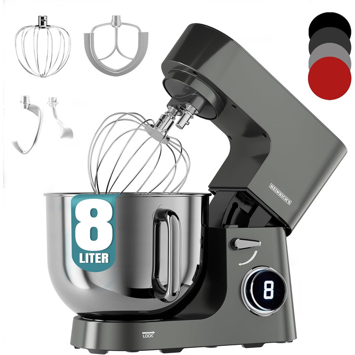 Кухонна машина Heinrichs 2500W з двома гаками для тіста, міксером та насадкою для збивання, 8 швидкостей, чаша 8л з нержавіючої сталі, тиха, з титановим покриттям