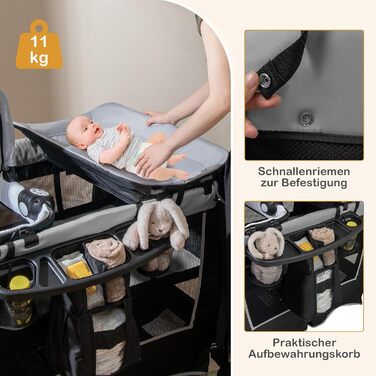 Дитяче туристичне ліжко COSTWAY 5 в 1 з матрацом, сірим кольором, до 15 кг, з пеленатором та іграшкою