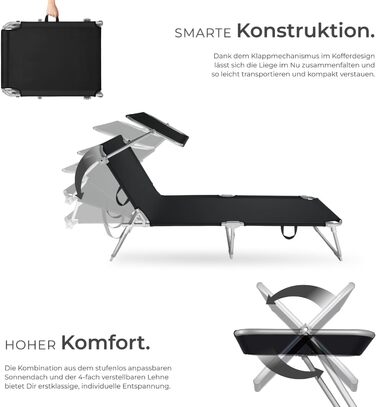 Шезлонг Tectake для саду з сонцезахистом, розкладний, для балкону/тераси, з регульованою спинкою, пляжний, до 110 кг, сірий