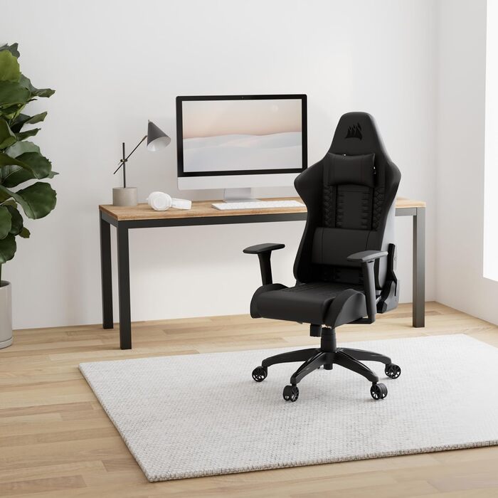 Ігрове крісло Corsair TC100 Relaxed, екошкіра, чорне, ергономічне, з подушками для попереку та шиї, регульовані підлокітники, дизайн у стилі автоспорту