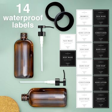 Набір дозаторів для мила на кухню та у ванну кімнату, 2 шт. з нержавіючою сталею, скляні флакони 475 мл, з водонепроникними етикетками