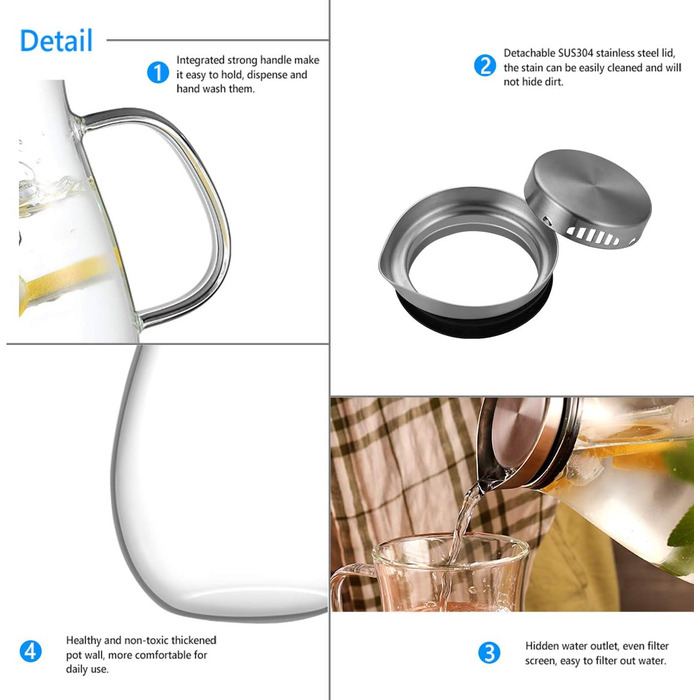 Скляна джезва для води з боросилікатного скла, 2 л, з нержавіючою кришкою