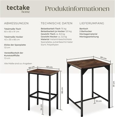 Набір барних меблів tectake®: високий стіл та 2 барні стільці (Industrial Style), для кухні, вітальні, кав'ярні.